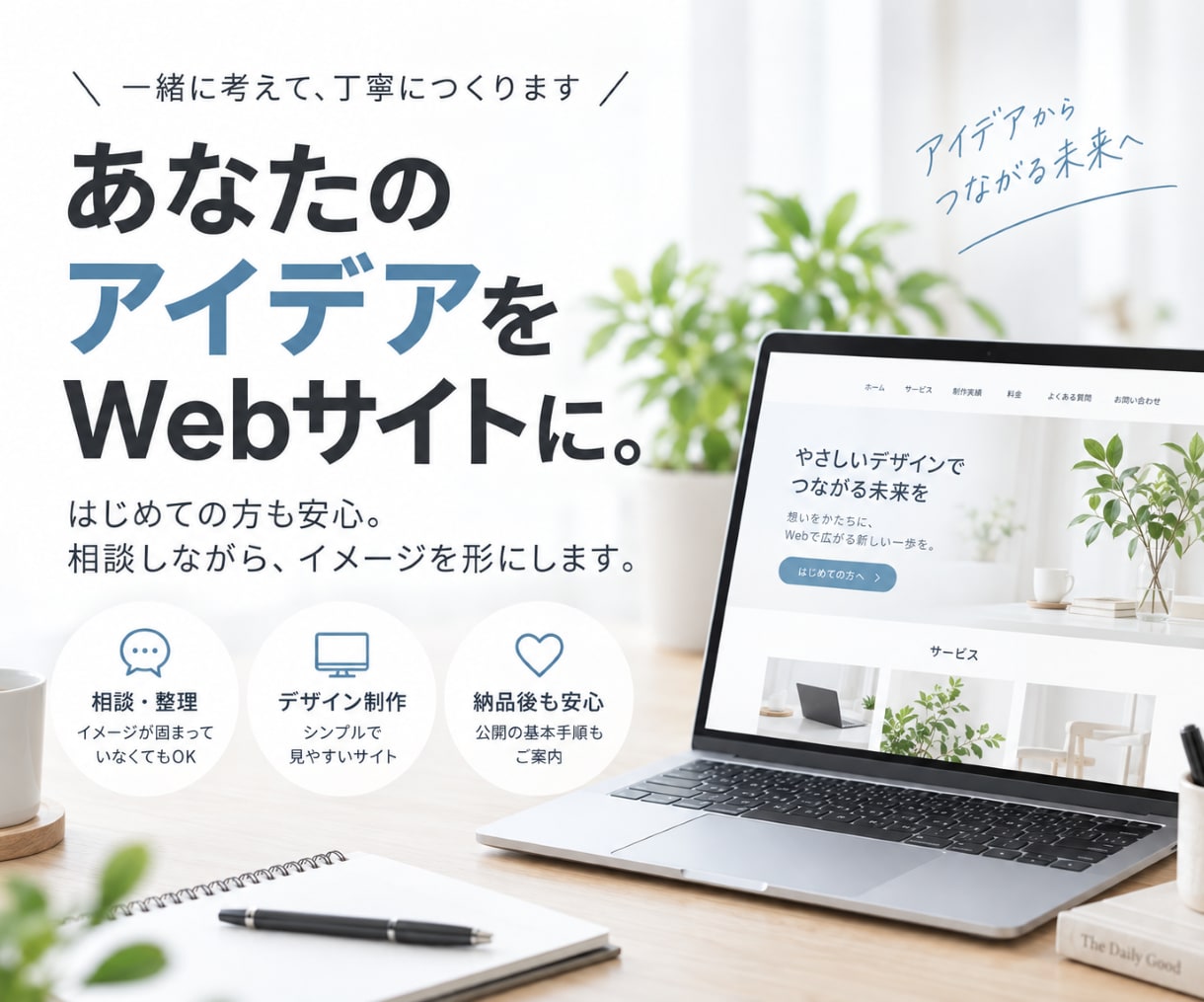 あなたの「こんなサイトが欲しい」を形にします 「サイトを作りたい。でも」漠然としたイメージを具体化します イメージ1
