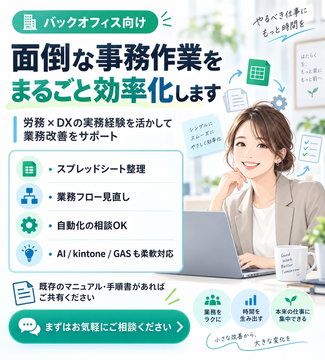 面倒な事務作業をまるごと効率化します 労務とDXの実務経験を活かし業務改善を支援します。 イメージ1
