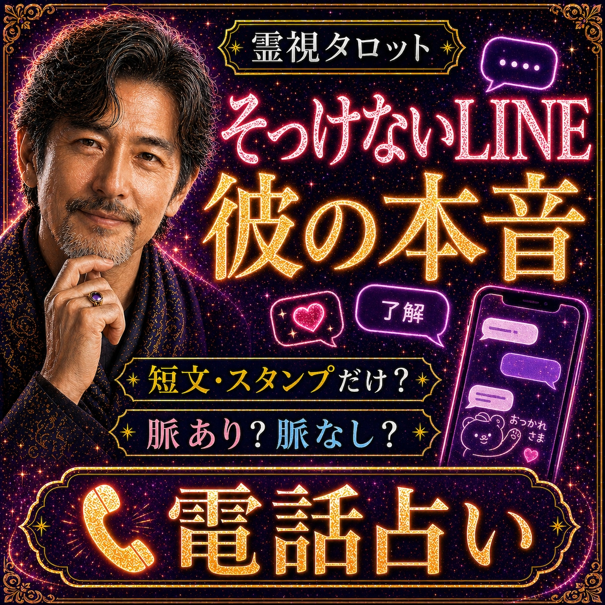 1分〜OK！そっけないLINEの理由をよみます 短文・スタンプだけ。脈あり？脈なし？を電話で整理します イメージ1