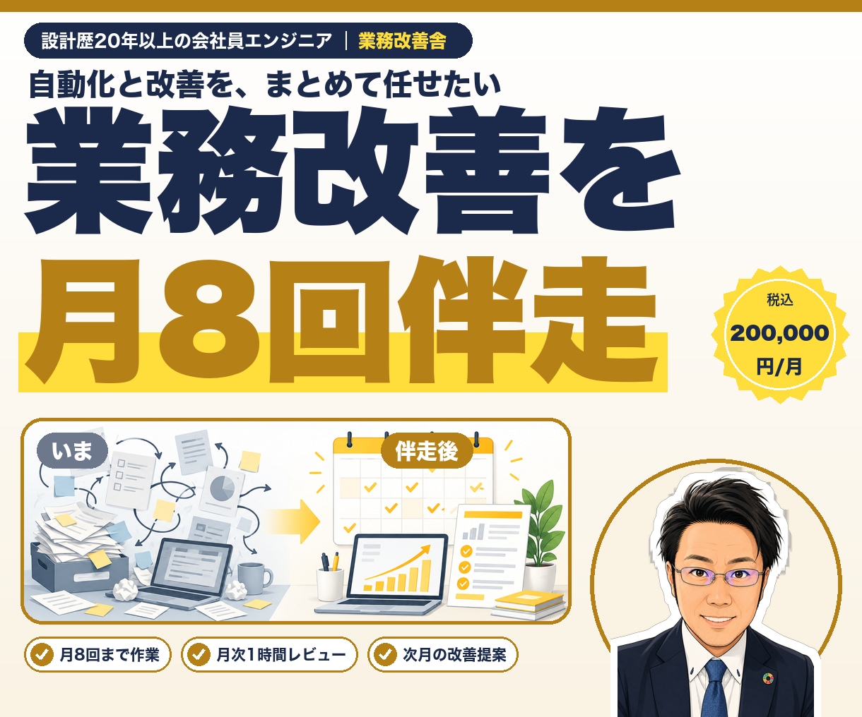 月8回まで業務代行＋改善提案します 月8回作業＋月次1時間レビュー＋次月の改善提案で並走支援 イメージ1