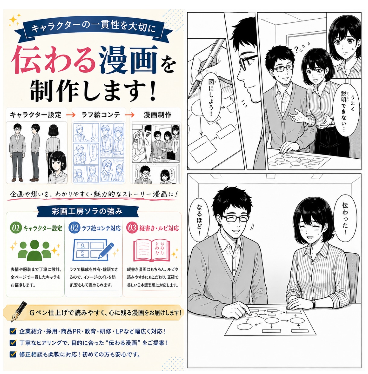 企業・広告・LP向けの伝わる漫画を制作します キャラ設定・絵コンテから丁寧に漫画制作 イメージ1