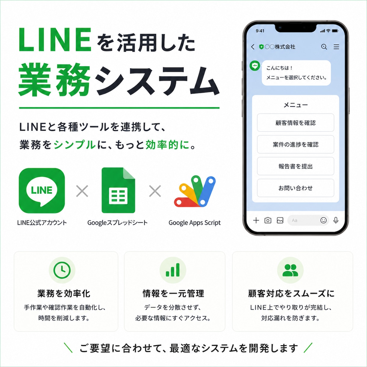 LINEを活用した業務システムを開発します 顧客管理・予約・発注などの業務をLINEで効率化！ イメージ1