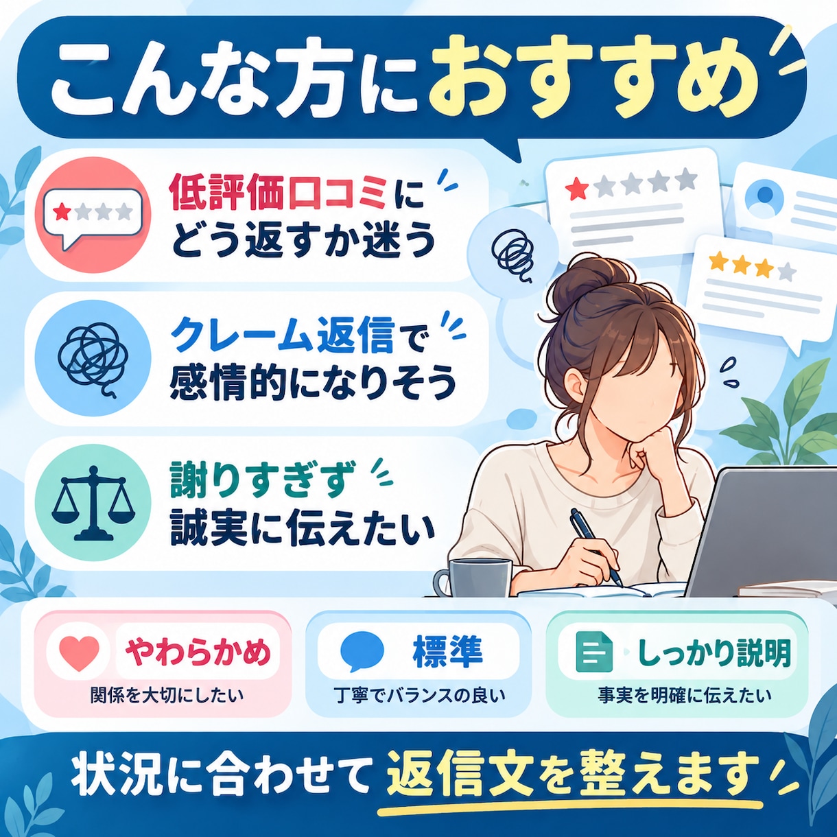 クレーム・低評価口コミへの返信文を作成します 接客歴10年｜角を立てず誠実に伝わる文章に イメージ2