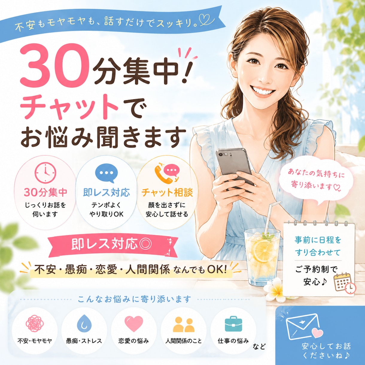 ３０分集中！チャットでお悩み聞きます ３０分間即レス対応！ 不安・愚痴・恋愛・人間関係なんでもOK イメージ1