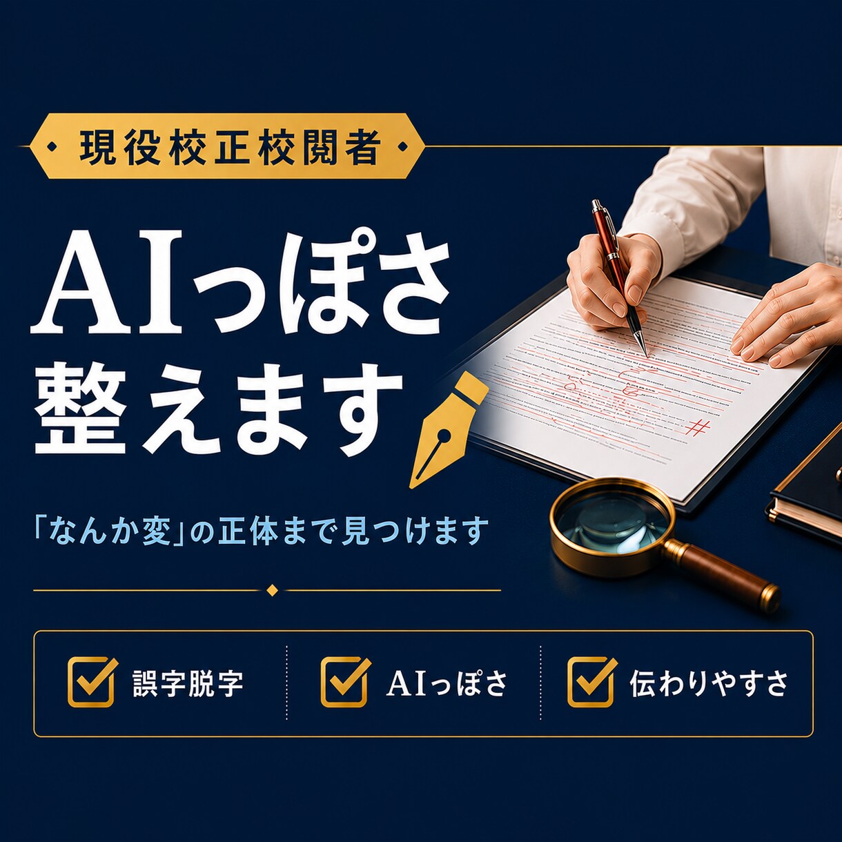 現役校正校閲者が「AIっぽい文章」を整えます AIっぽい・読みにくい・違和感を整えて「信頼される文章」へ。 イメージ1