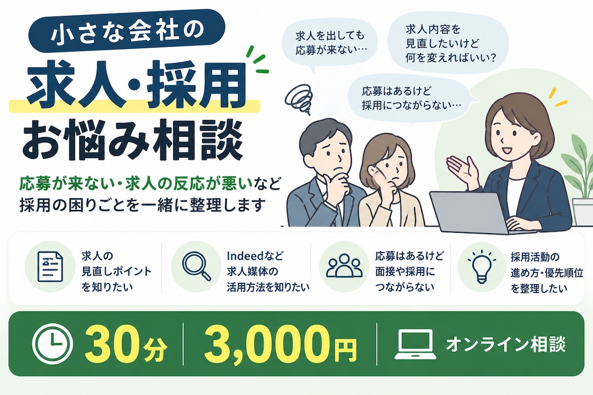 小さな会社の求人・採用のお悩み相談に乗ります 応募が来ない・求人の反応が悪いなど採用の悩みを相談 イメージ1