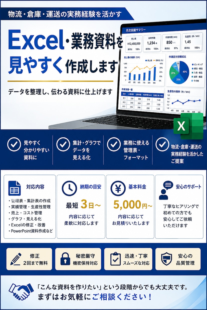 Excel・業務資料を見やすく作成します 物流実務経験を活かし伝わる資料に仕上げます。 イメージ1