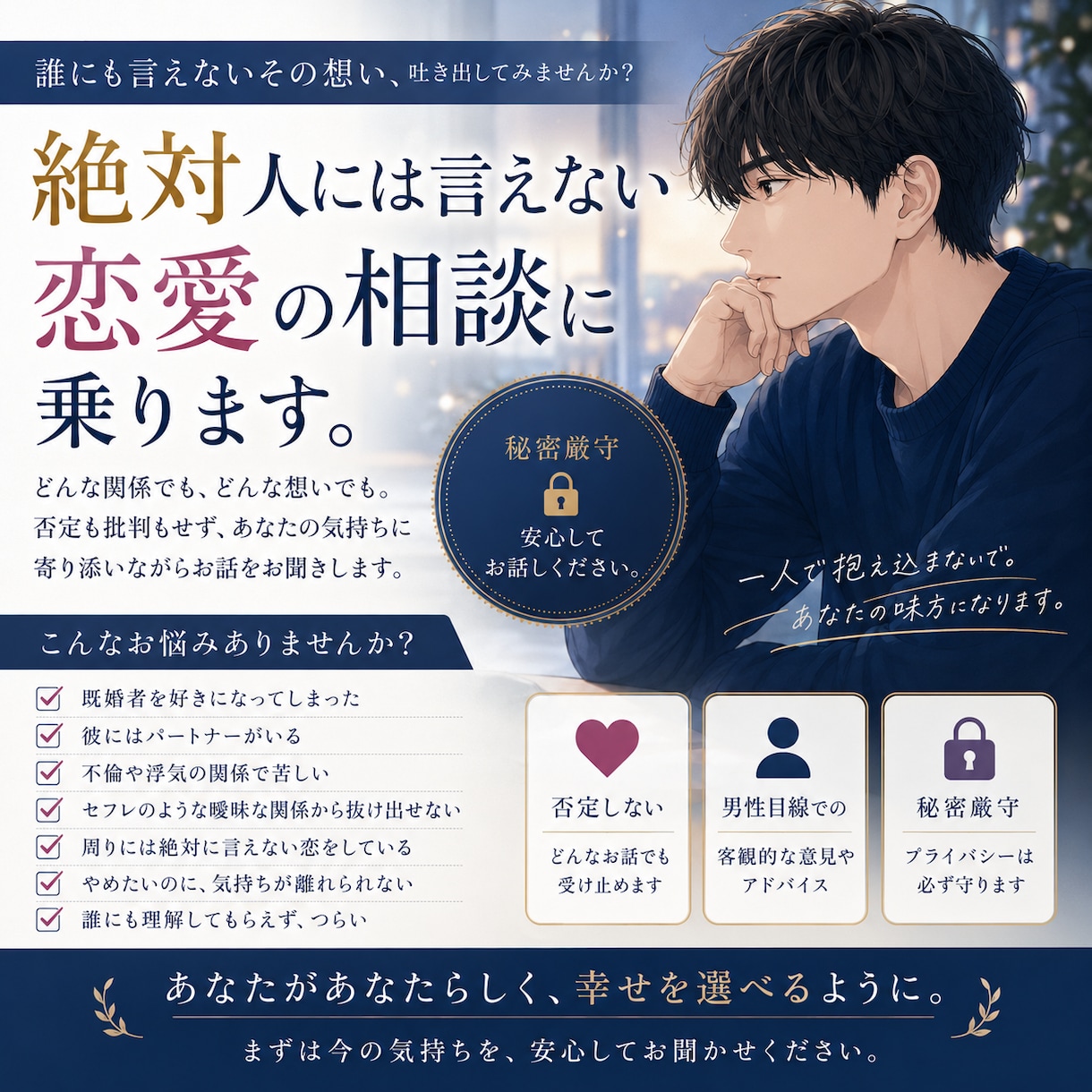 絶対人には言えない×複雑な恋愛相談のります ⭐否定も肯定もしません。一緒に整理させてください⭐ イメージ1