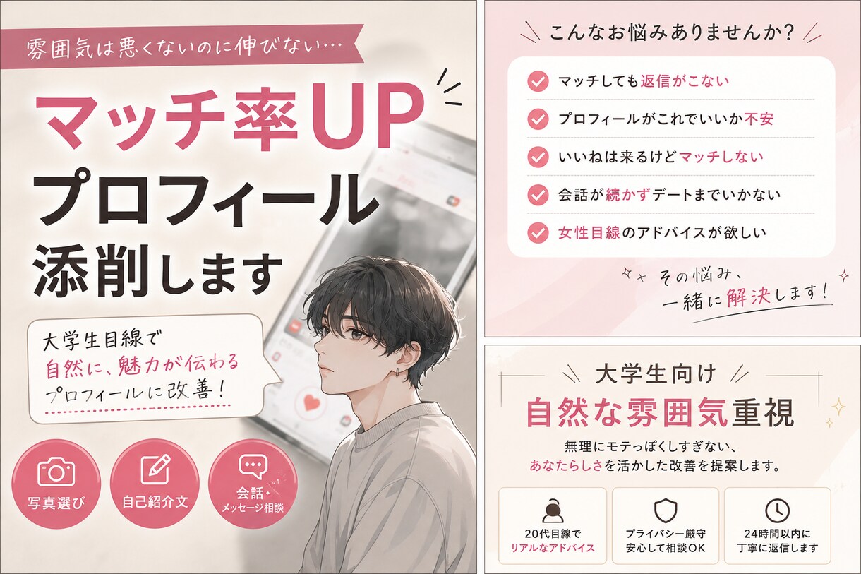 マッチ率UPを目指すプロフィール添削します 『雰囲気は悪くないのに伸びない』を改善します イメージ1