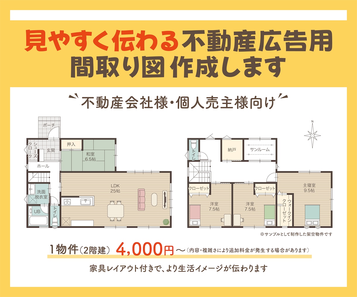 見やすく伝わる間取り図を丁寧に作成いたします チラシ・資料に使いやすいシンプルな間取り図を作成いたします イメージ1