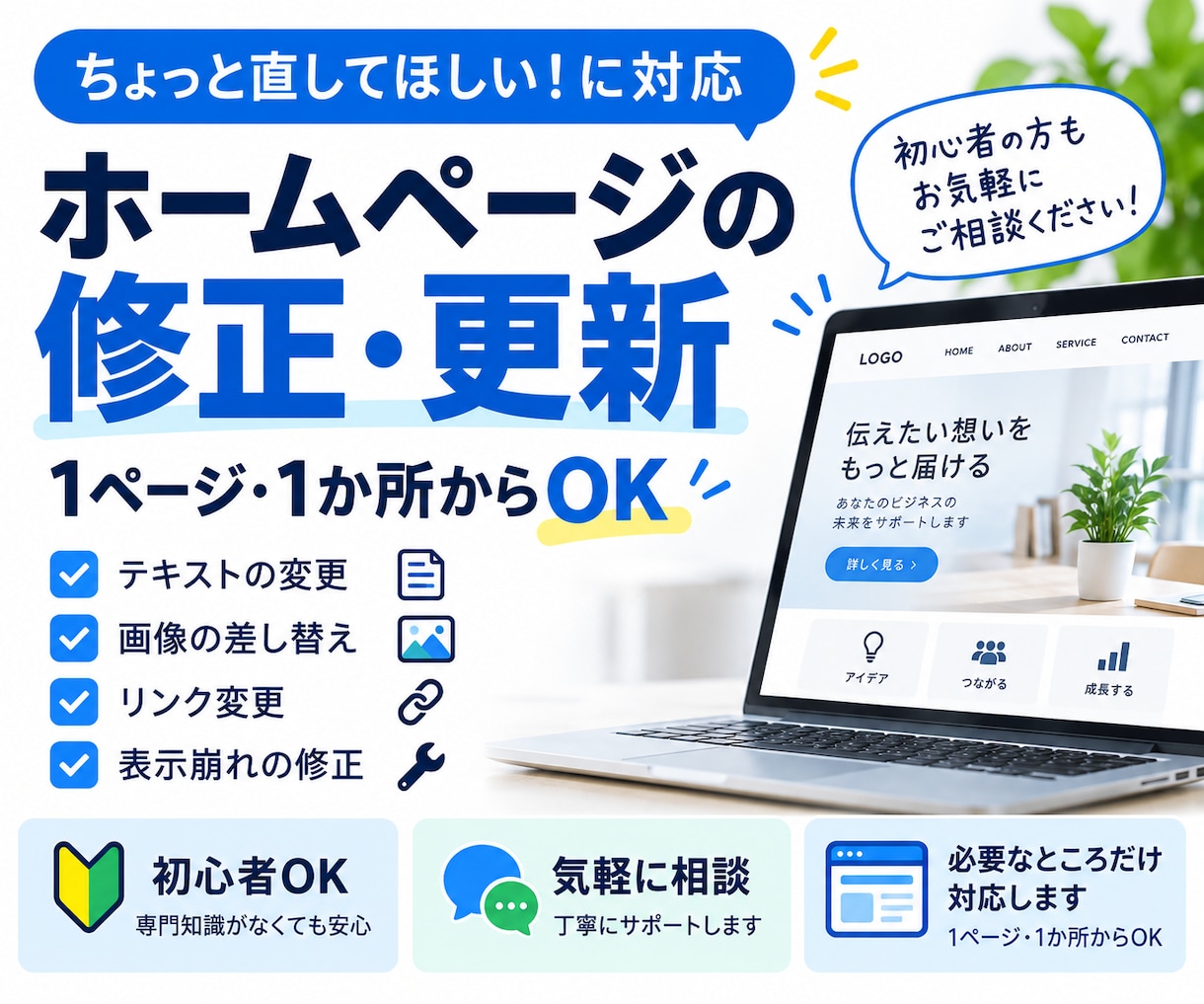 ホームページの文章や写真を部分修正します 変える場所と内容が決まった小さな更新に イメージ1
