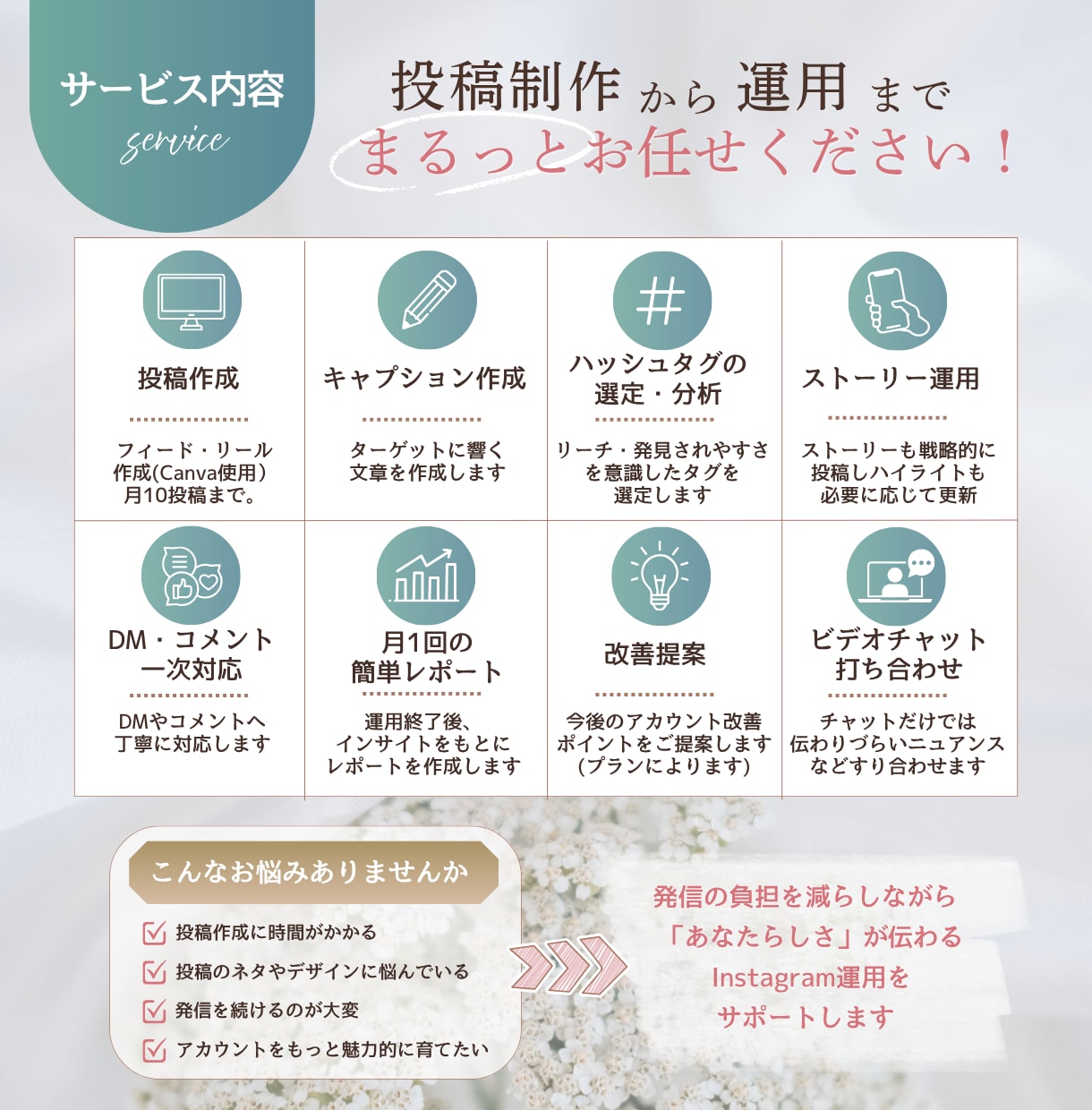 Instagram｜投稿作成〜改善提案まで行います あなたの想いが伝わるアカウント運用をサポートします✨ イメージ2
