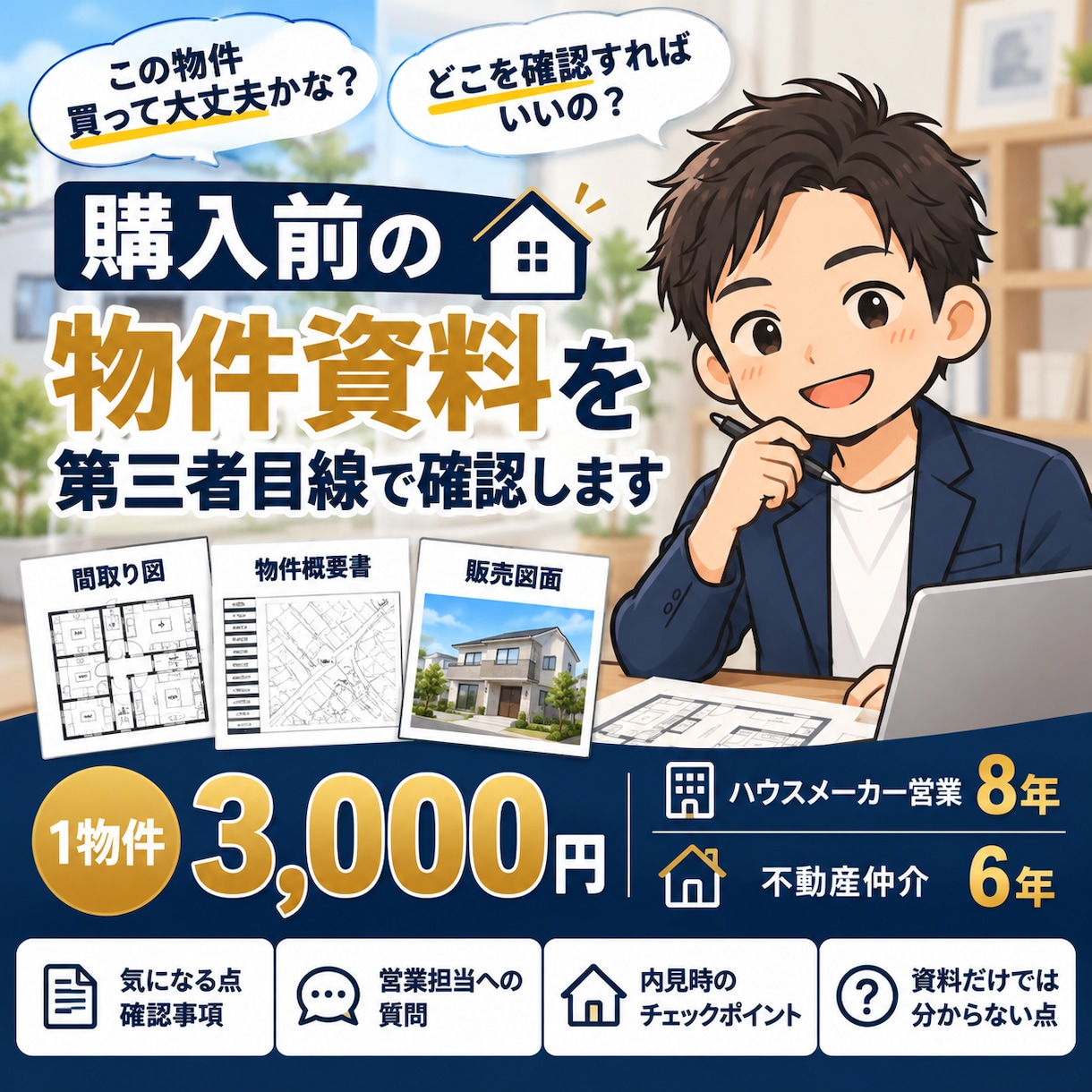 不動産購入相談｜物件資料を宅建士が確認します HM営業8年×不動産仲介6年｜第三者目線で確認点・質問を整理 イメージ1