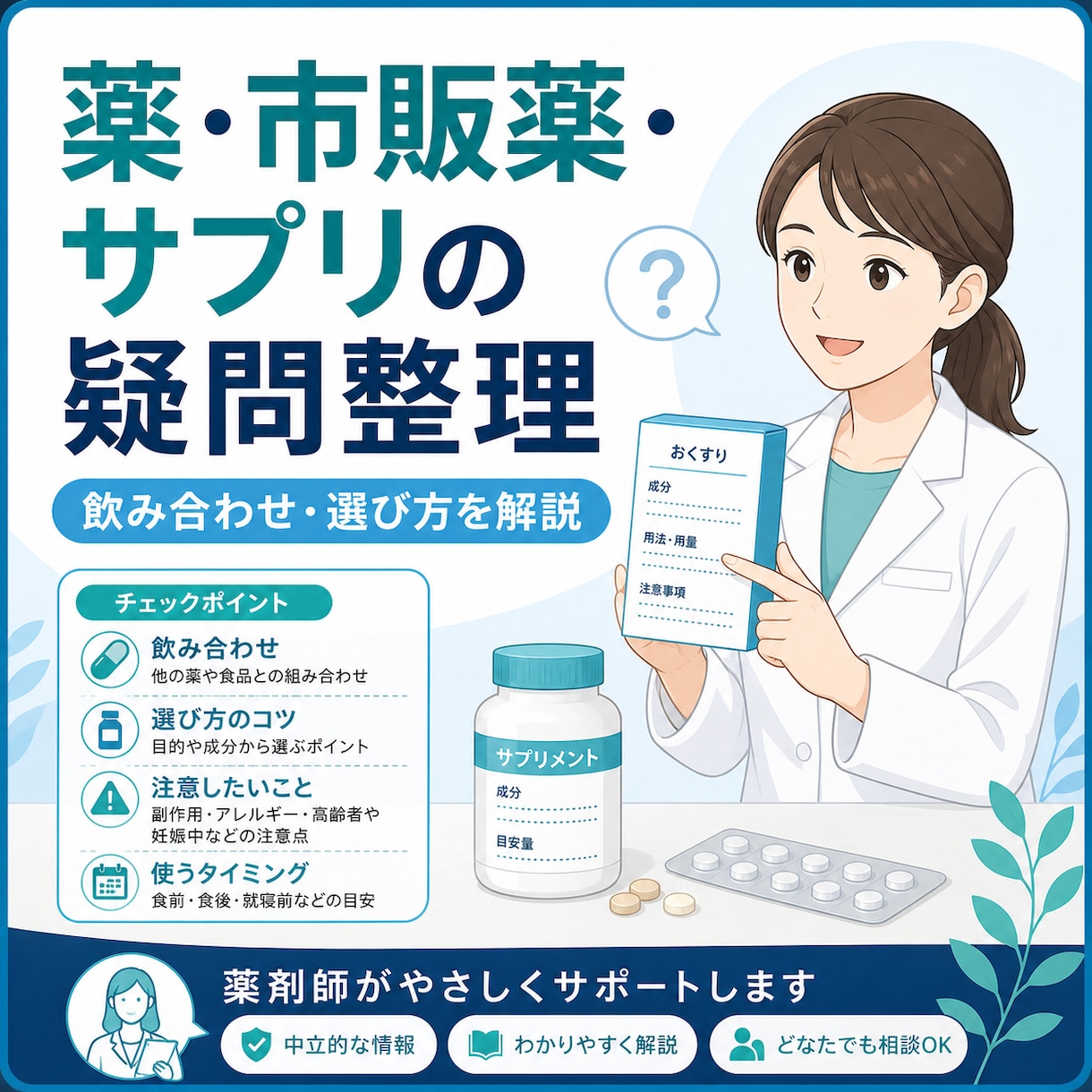 薬剤師が薬・市販薬・サプリの疑問を整理します 飲み合わせや選び方を一般情報として分かりやすく解説 イメージ1