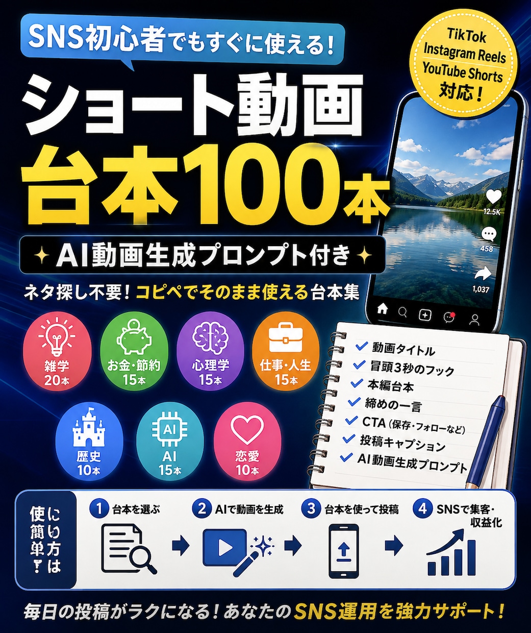 ショート動画台本＋AI動画生成プロンプト提供します ショート動画台本100本＋AI動画生成プロンプト イメージ1