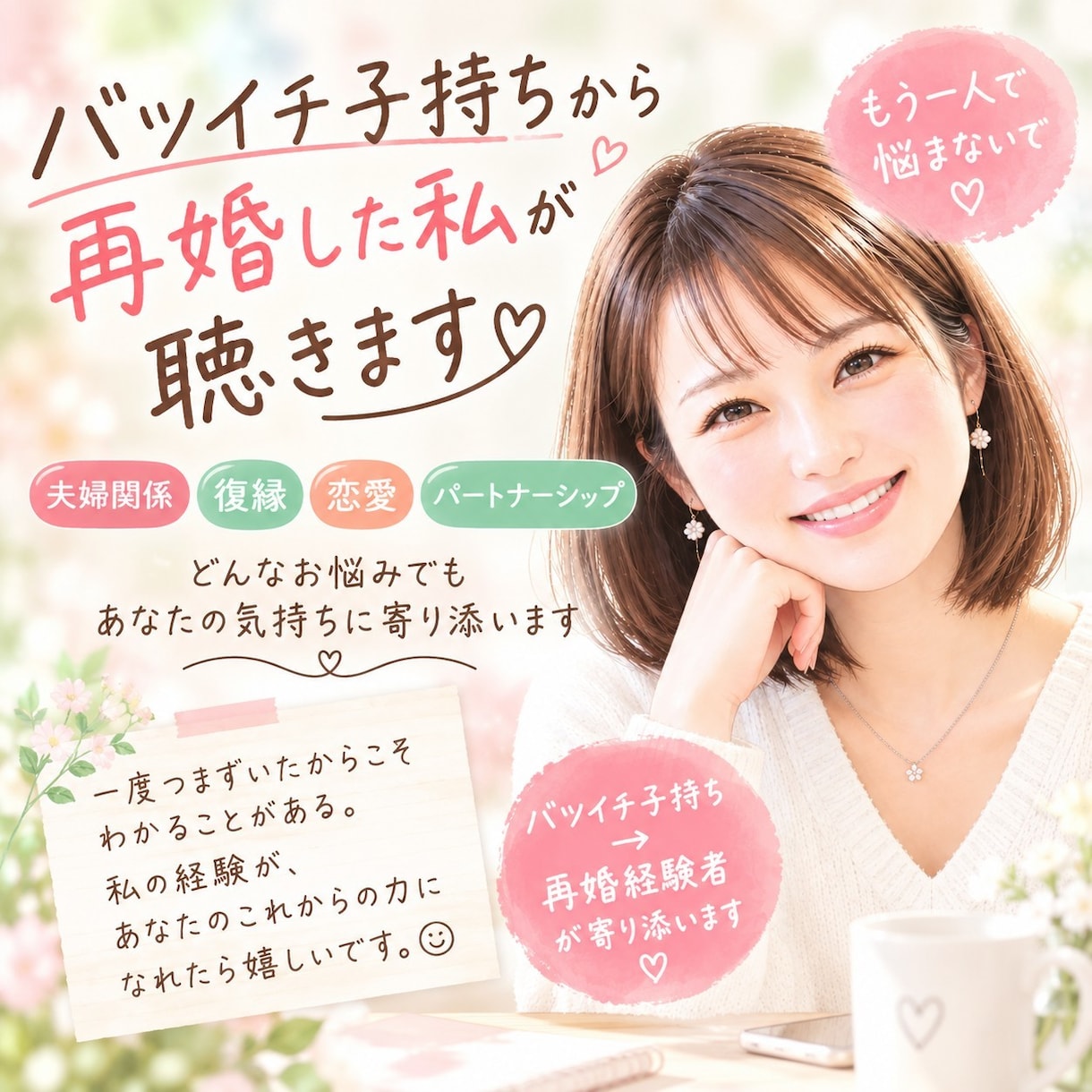 夫婦・恋愛・再婚の悩み、誰にも言えない本音聴きます バツイチ子持ちから再婚した私が聴きます！ イメージ1