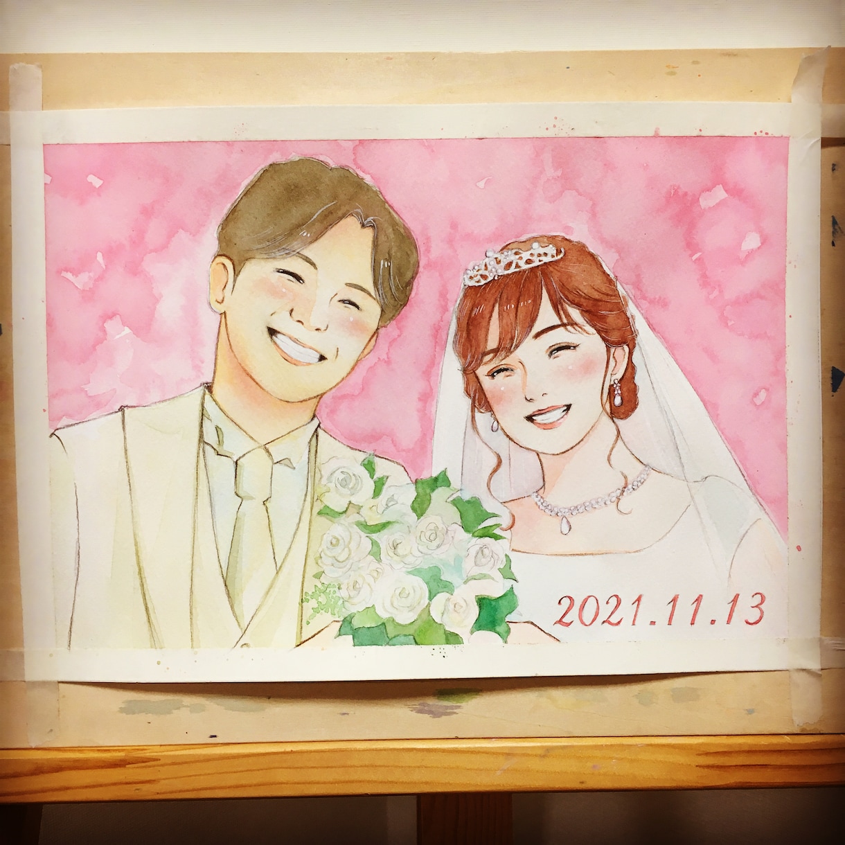 優しい水彩画の似顔絵ウェルカムボード、作成します 簡易額縁付き☆気持ちを込めて、一枚一枚丁寧にお描きします イメージ5