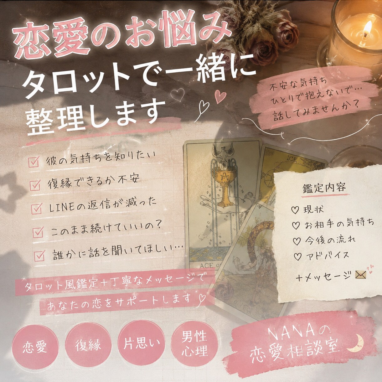彼の気持ち・恋愛のお悩みをタロット風に読み解きます 不安な恋愛、復縁、同棲、片思い、男性心理を一緒に整理します イメージ1