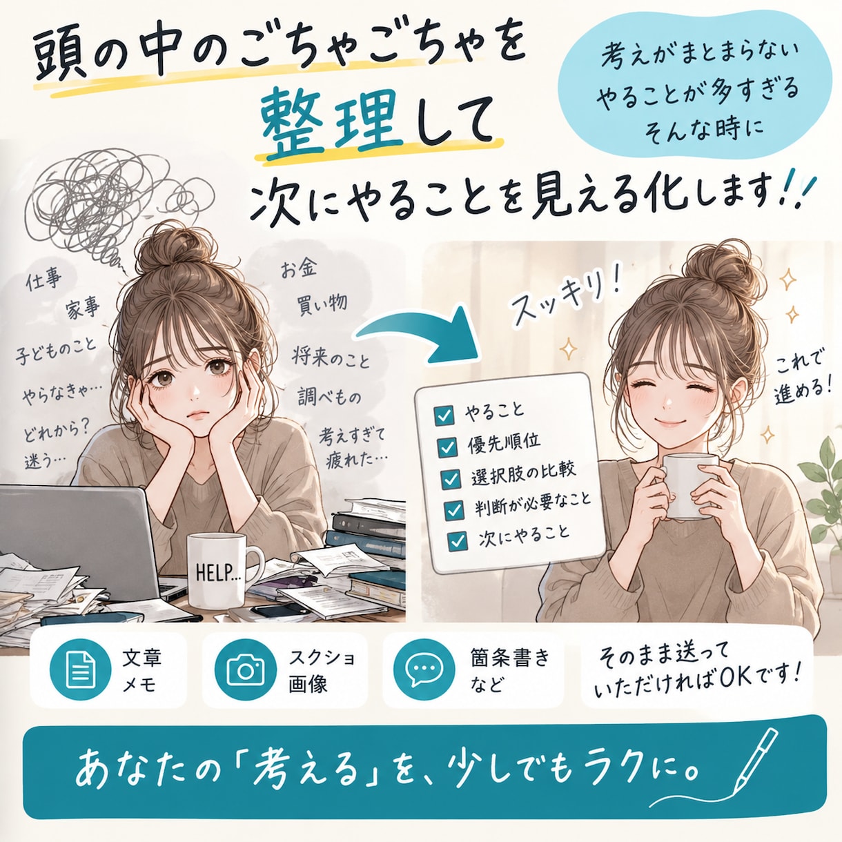 情報を整理して次にやることを見える化します 情報を整理して、優先順位と次の行動を見える化します イメージ1
