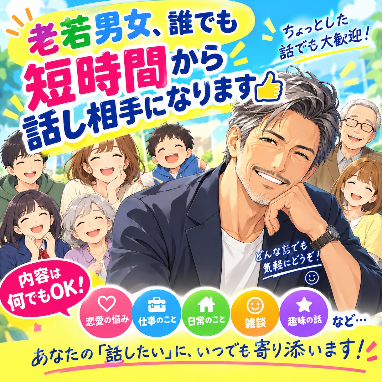 雑談、愚痴、なんでもお話聞きます 短時間からOK！老若男女誰でもOK！1分でも話聞きます！ イメージ1