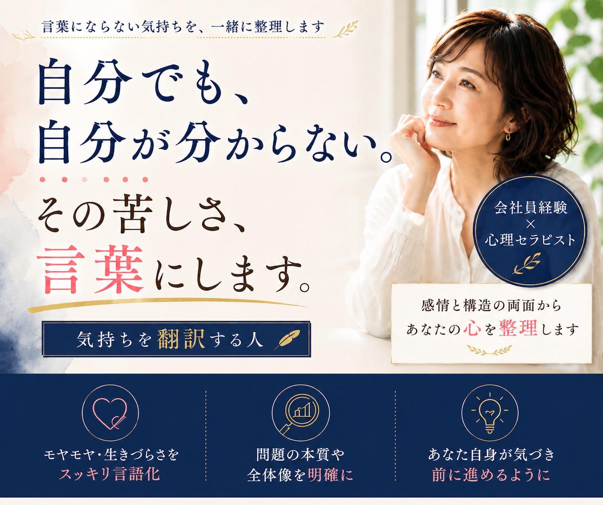 心の中を整理して、本当の気持ちを一緒に見つけます 言葉にならないモヤモヤを翻訳して、あなたの心を軽くします イメージ1