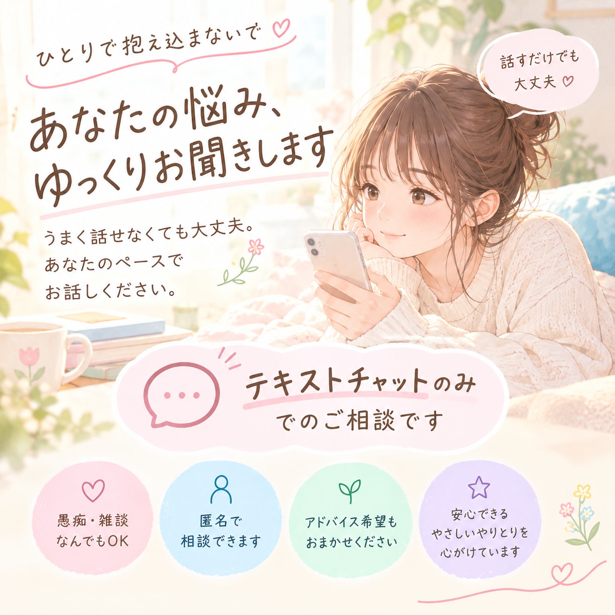 あなたの悩み、ゆっくりお聞きします 「うまく話せなくても大丈夫。あなたのペースでお話しください」 イメージ1