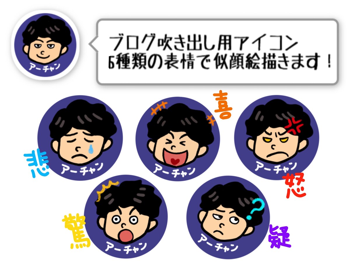 SNSで使える似顔絵アイコン表情6種お描きします ブログの吹き出し等で色んな表情が欲しい方向け イメージ1