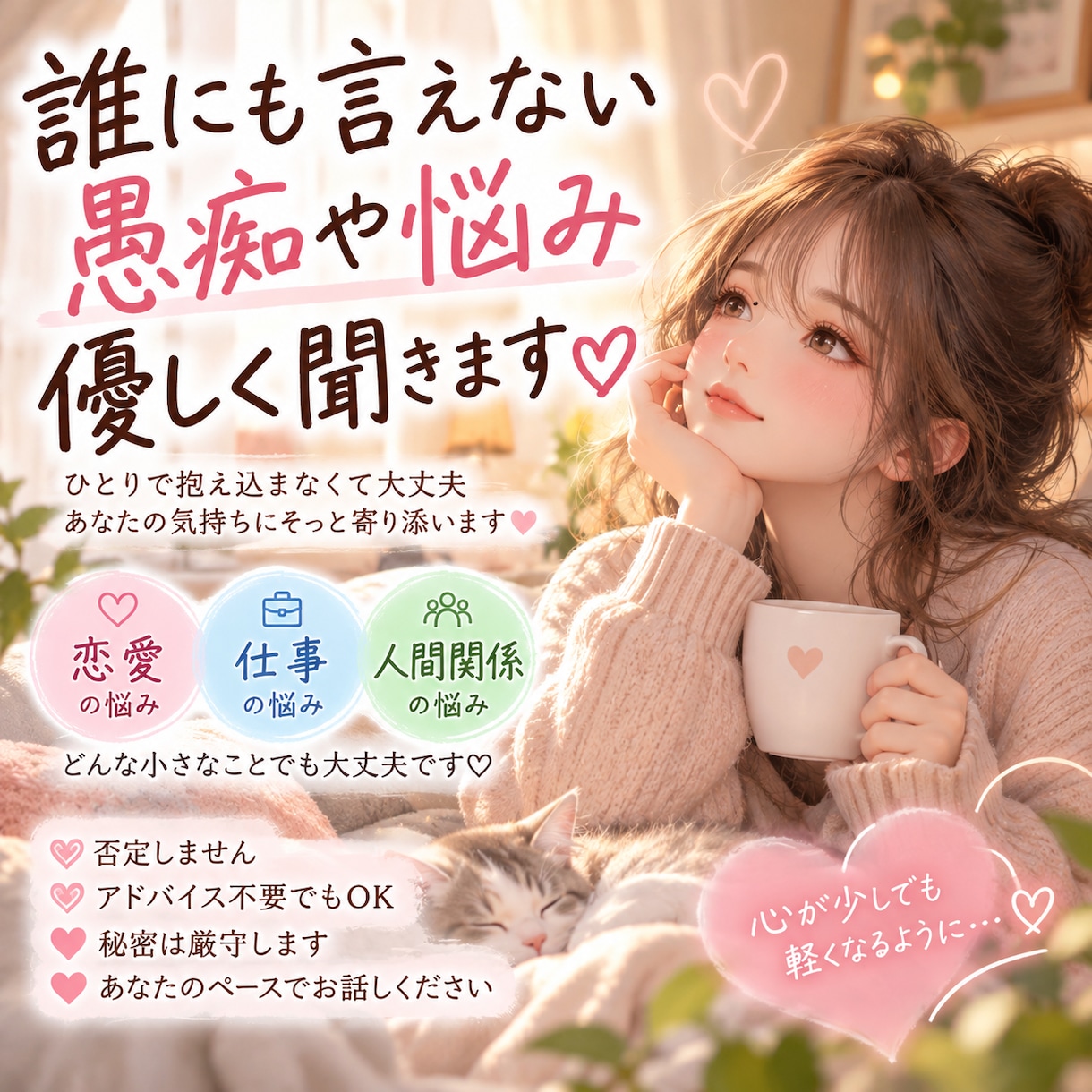 誰にも言えない愚痴や悩み、優しく聞きますます 否定も説教もしません。あなたの気持ちにそっと寄り添います イメージ1