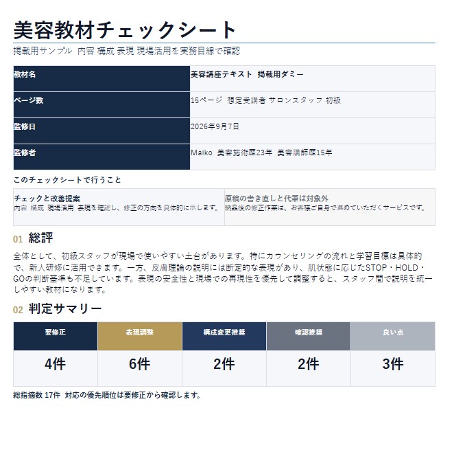 美容講座・教材をプロ講師が添削します 内容・構成・専門表現をチェックし、改善案をお伝えします イメージ4