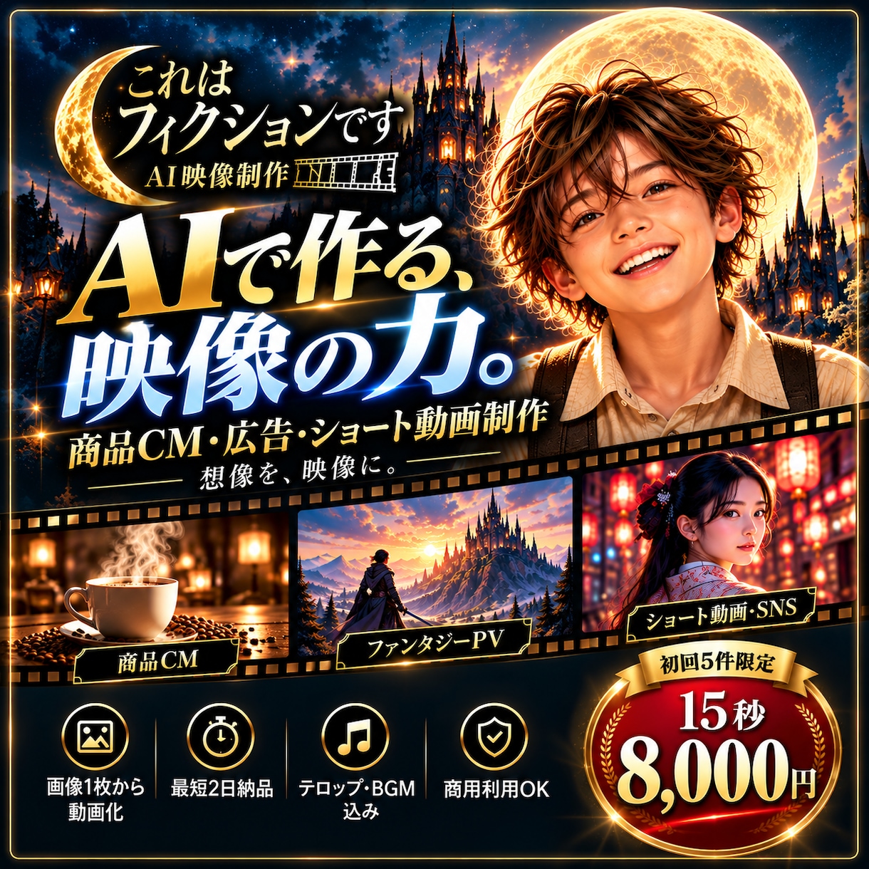 AIで広告CM・PR動画を制作します 画像生成から音声・編集まで！15秒のCMを一括制作 イメージ1