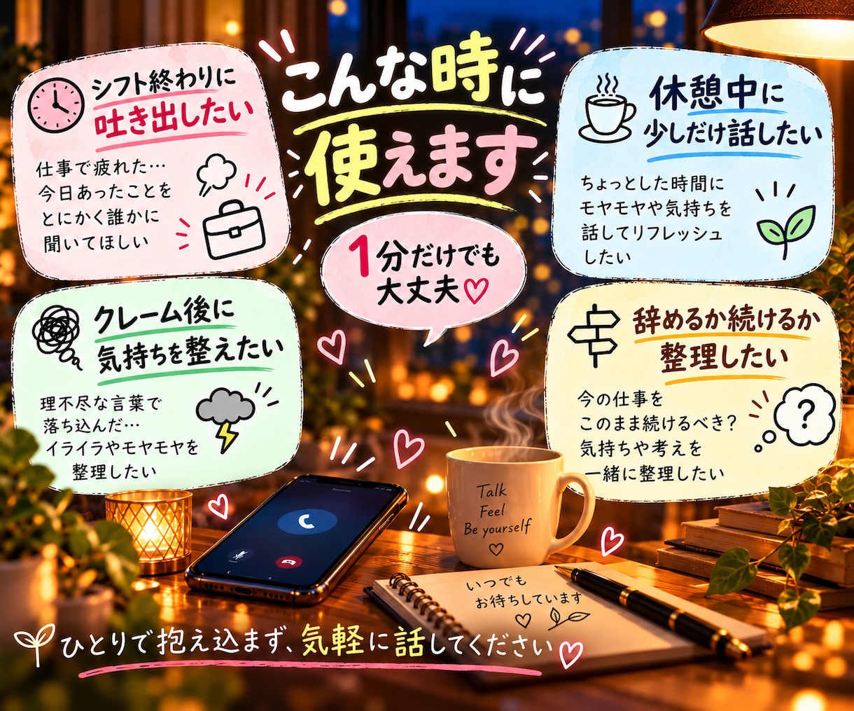 今すぐ電話OK！仕事や人間関係の愚痴や悩み聞きます うまく話せなくても大丈夫。接客歴11年の私がじっくり伺います イメージ5