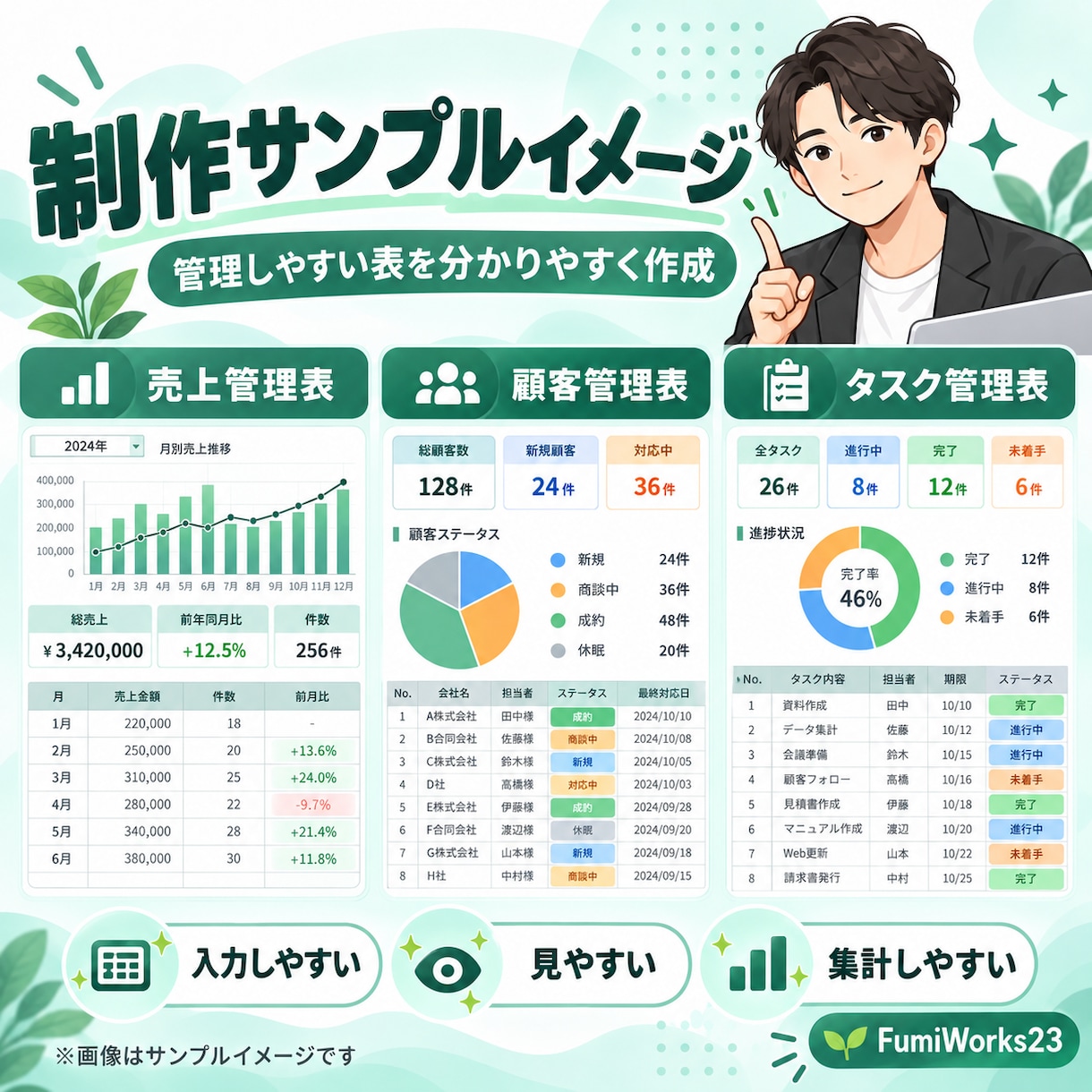 見やすく使いやすいExcel管理表を作成しますます 売上・顧客・在庫・タスクなど用途に合わせて作成します イメージ3