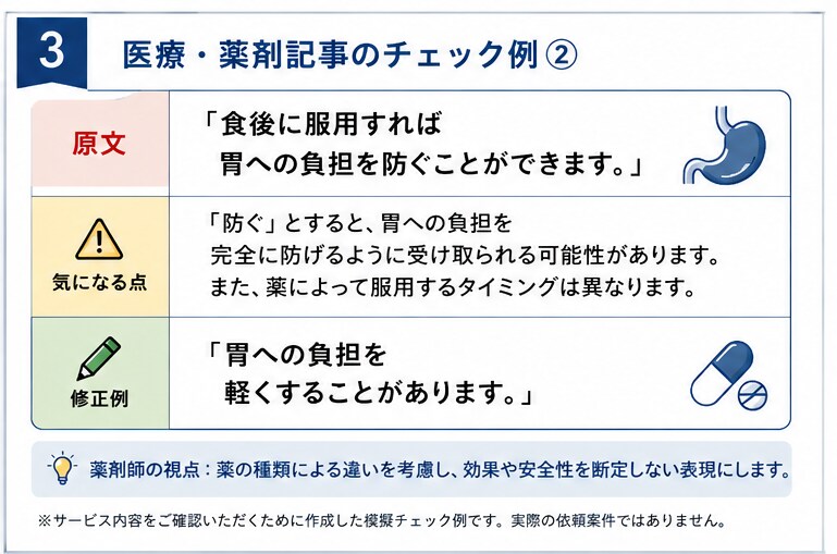 医療・薬剤記事をチェックします 「この内容で大丈夫？」を薬剤師歴20年の目線で確認します イメージ3