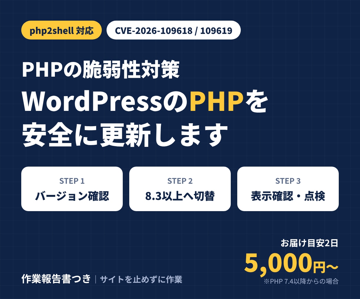 WordPressのPHP脆弱性対策を代行します php2shell対応｜PHP切替・表示確認・報告書付き イメージ1