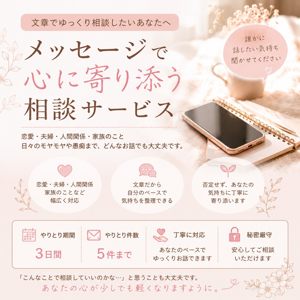 誰にも言えない恋愛の悩みを文章で聞きます 3日間。1日5件までやりとりしましょう。 イメージ1