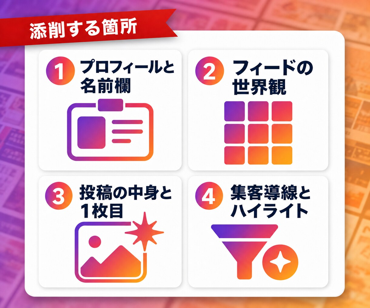 400万運用者が第三者目線でインスタを添削します 直す箇所を優先順位つきのレポートで納品します イメージ2