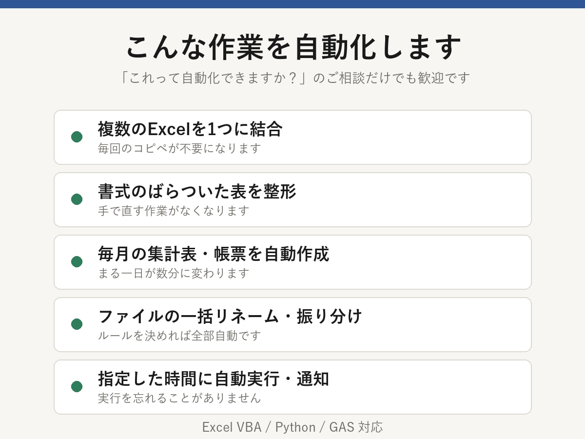ExcelやGASで面倒な作業を自動化しますます 毎週3時間の手作業を、ボタン1つに変えます イメージ2