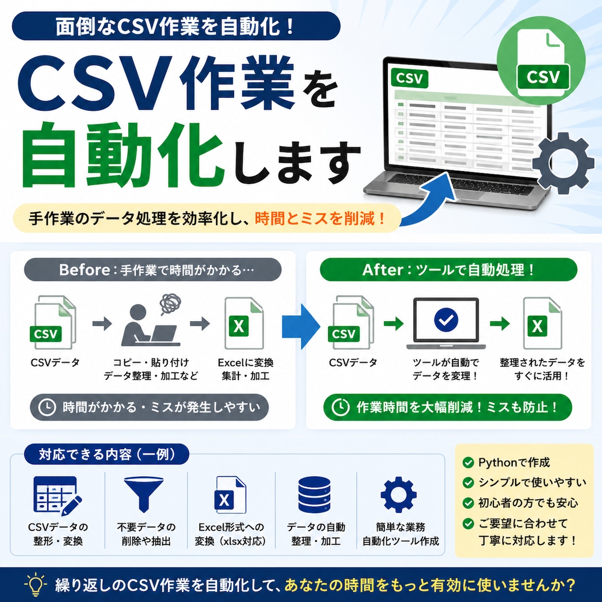 CSVデータ自動処理ツールを作成します CSVデータ整理を自動化します イメージ1