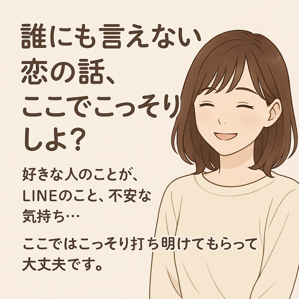 誰にも言えない恋の話、ここでこっそりします 秘密の恋バナ、ここでそっと打ち明けて！何でも相談乗るよ。 イメージ1