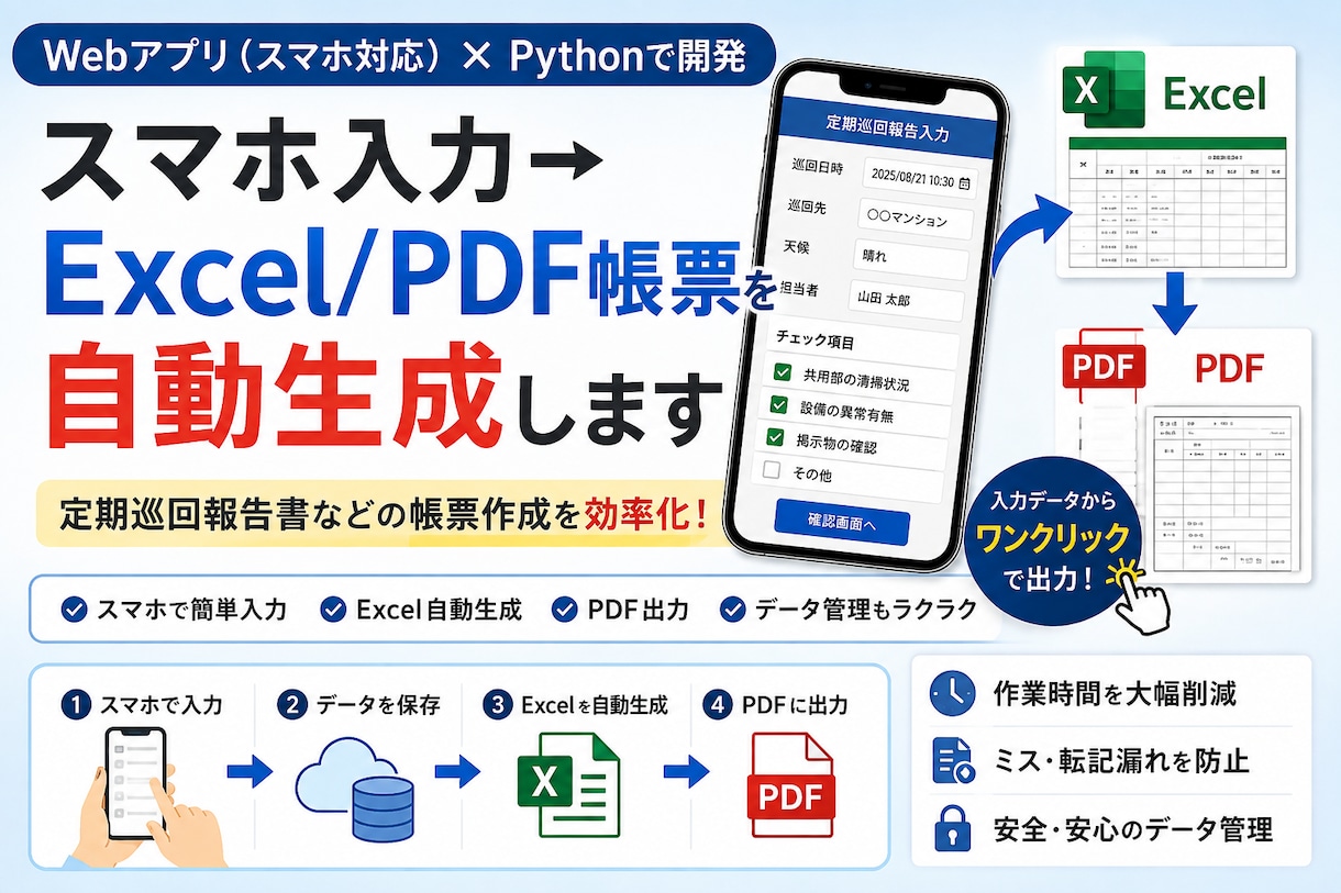 スマホ入力→Excel/PDF帳票を自動生成します Webアプリ（スマホ対応）×Pythonで開発 イメージ1