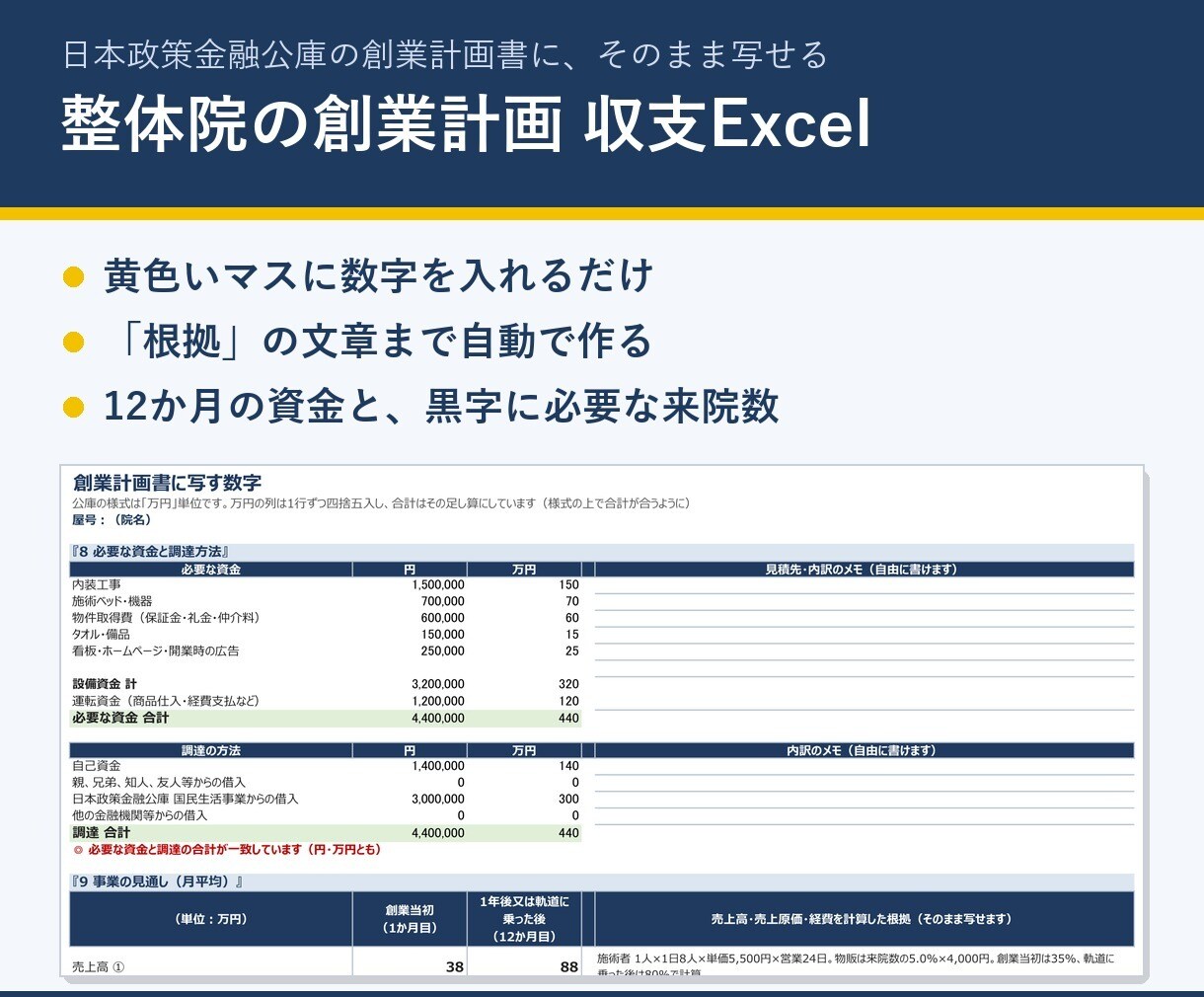 整体院の創業融資用 収支計画Excelを販売します 公庫の創業計画書に写すだけ。根拠の文章も自動 イメージ1