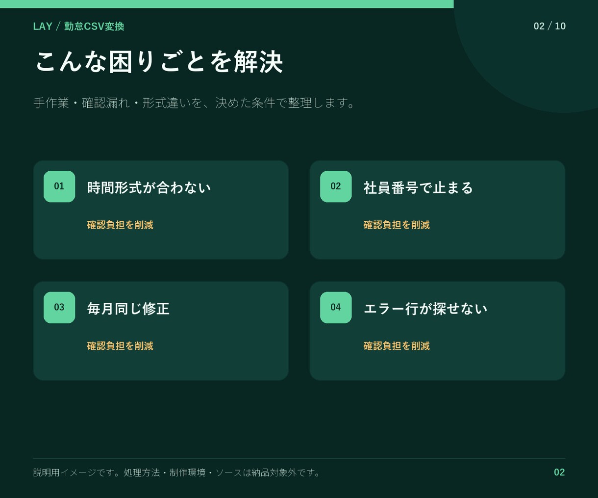 勤怠CSVを給与ソフト用に変換します 勤務時間・残業・休憩・欠勤を検査して出力 イメージ2