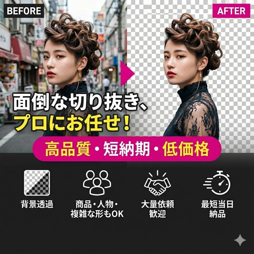SNSや物販に最適な切り抜き承ります 商品・人物・ペットの切り抜き不自然さ0・EC用・SNS用に イメージ1