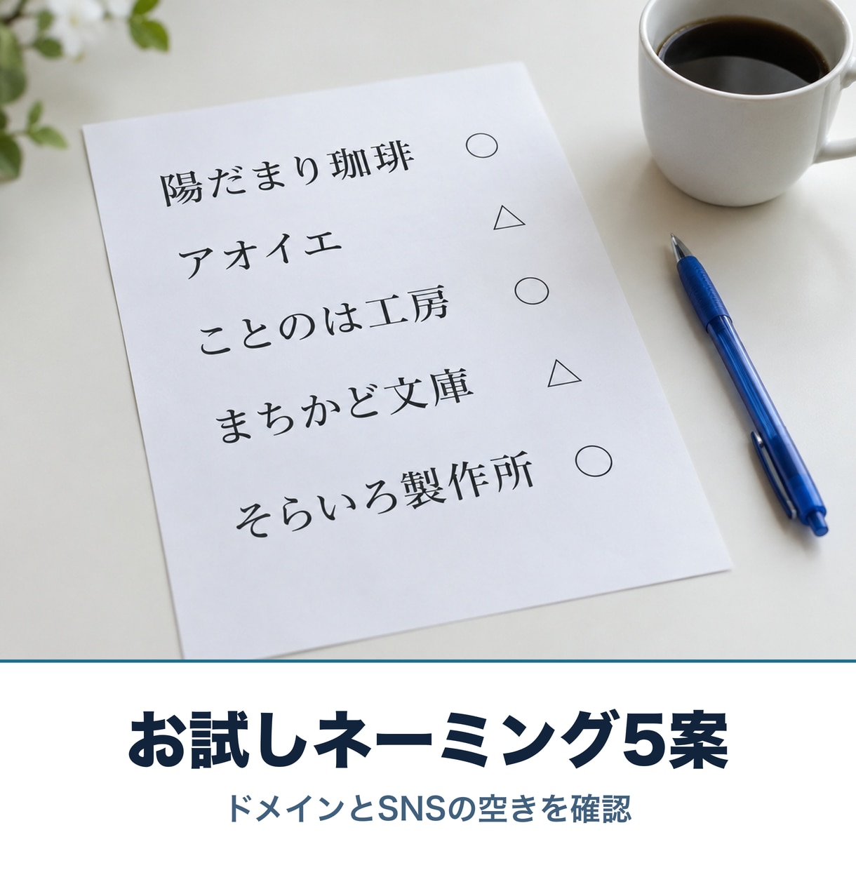 お試し｜屋号・商品名を5案ご提案します ドメインとSNSのIDの空きまで確認。まず試したい方へ イメージ1