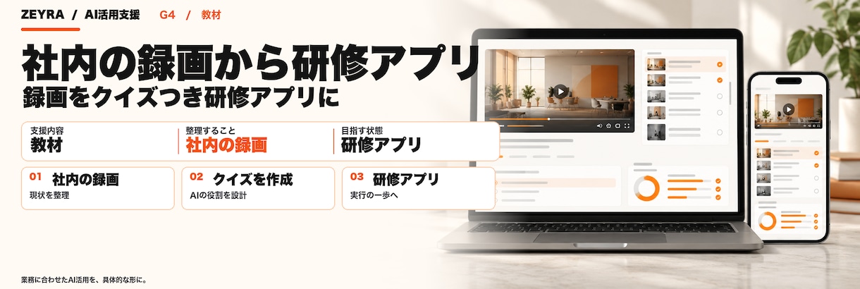 社内の録画を、クイズつき研修アプリにします 勉強会・会議の録画から、コースと事例集を作ります イメージ1