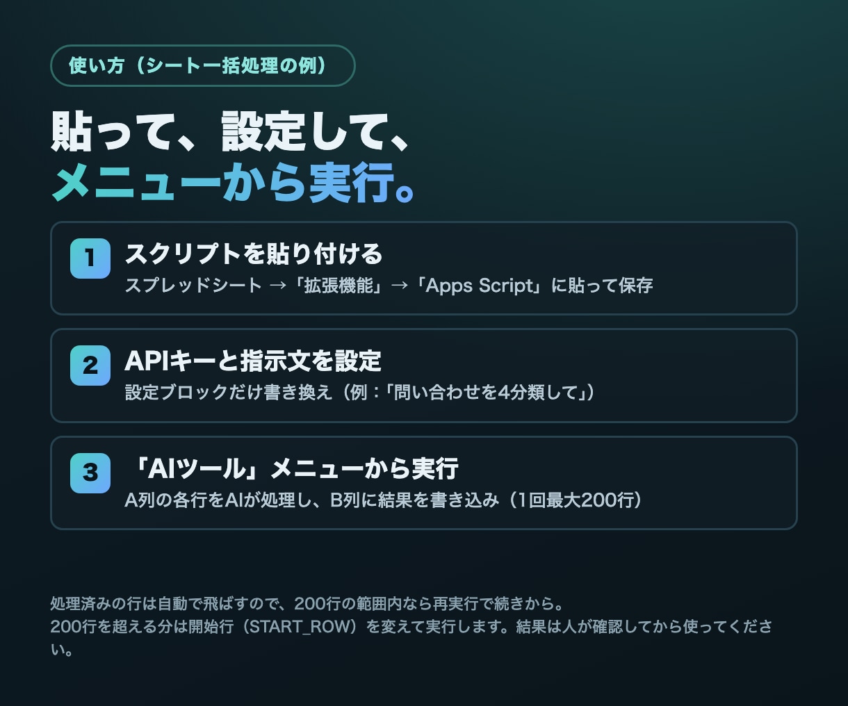 ChatGPT×GASでシート事務を自動化します 毎回AIに貼る作業を、そのまま動くGAS2本で減らします イメージ4