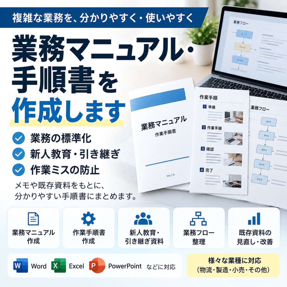 業務マニュアル・手順書を分かりやすく作成します 複雑な業務を整理し、伝わる手順書にまとめます イメージ1