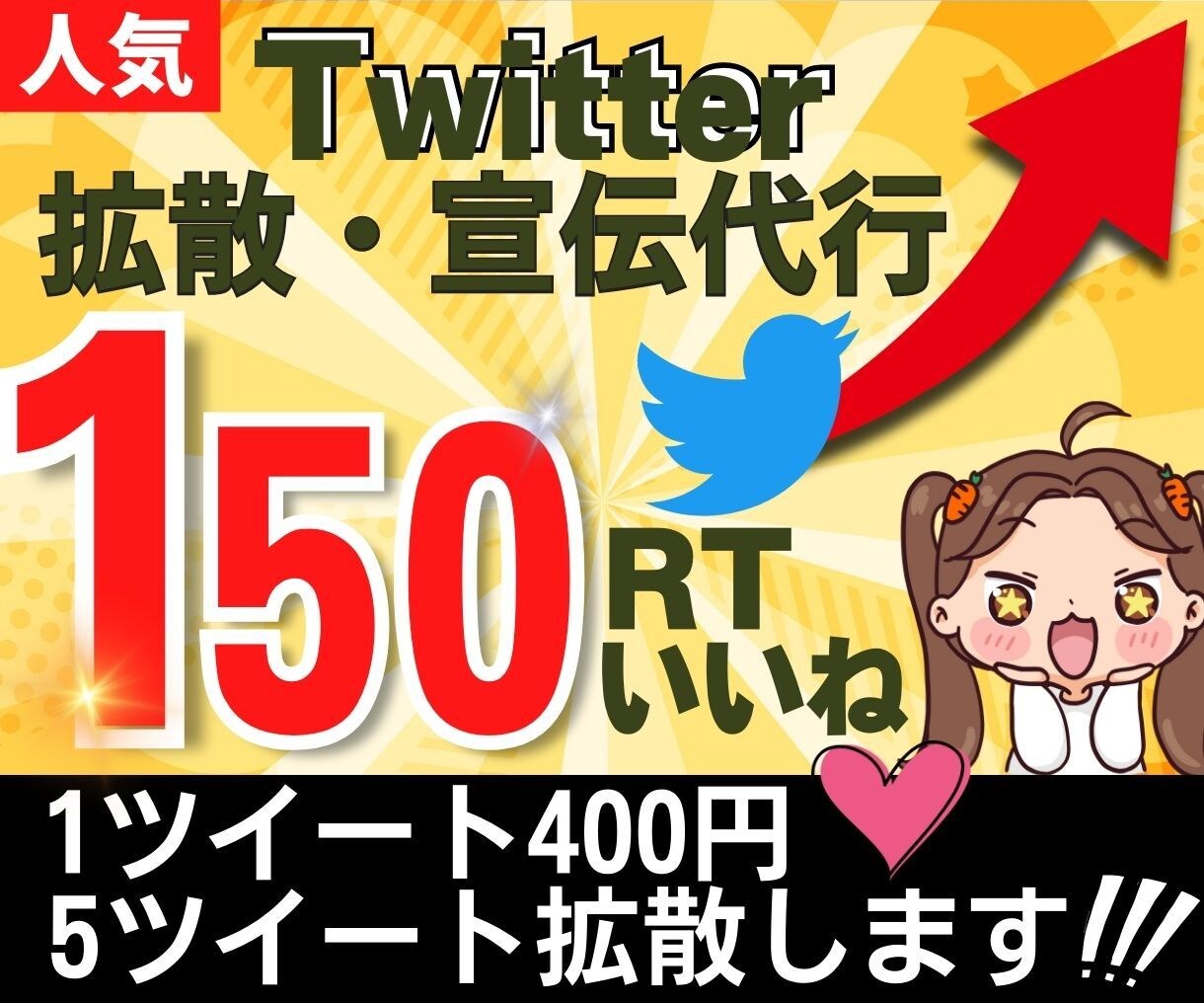 5ツイートに【150RTいいね】付くまで拡散します 1ツイート400円！平均1700～2500インプレッション イメージ1