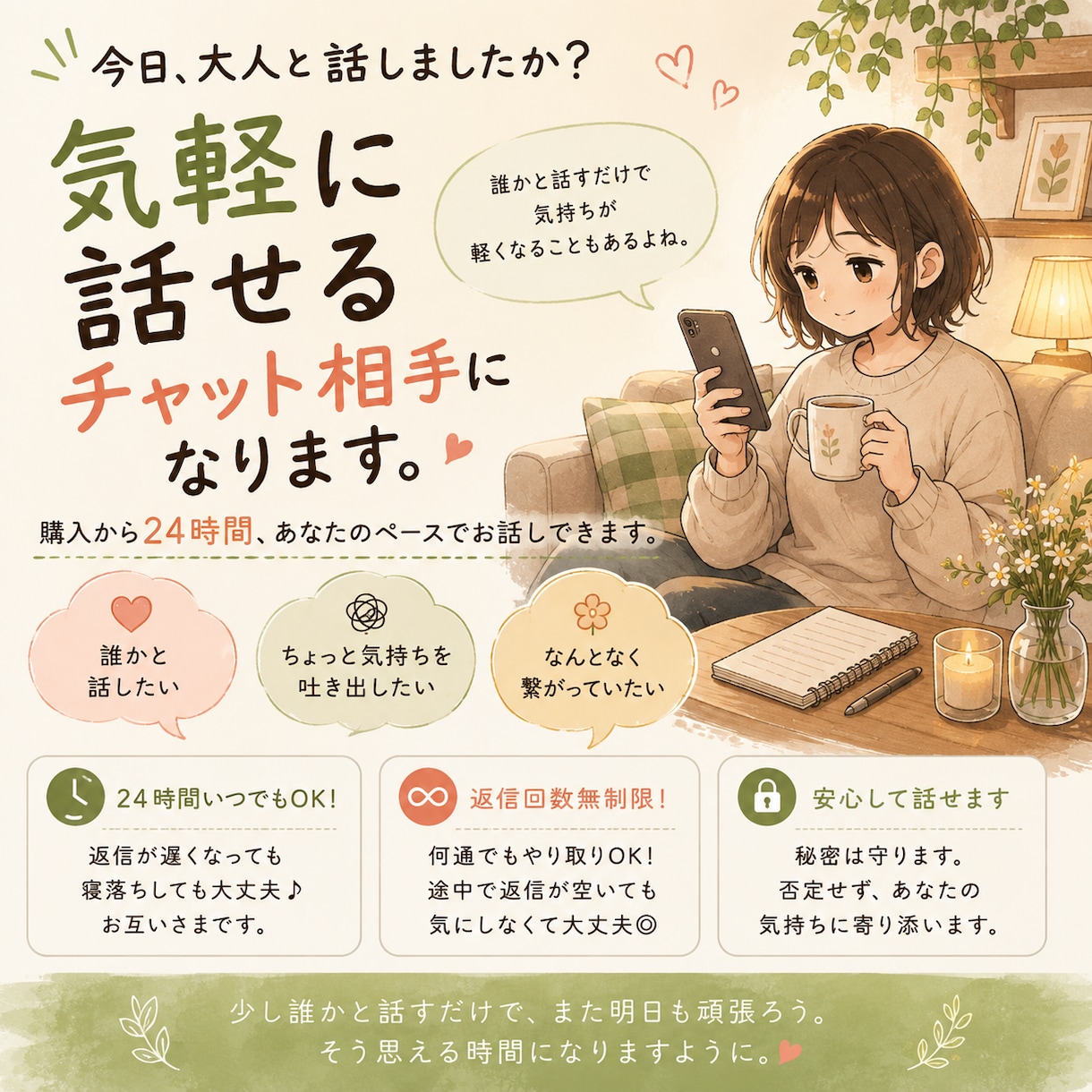 最近大人と話せていますか？24時間何度でも送れます 忙しい毎日だからこそ、自分のペースで話せる場所 イメージ1