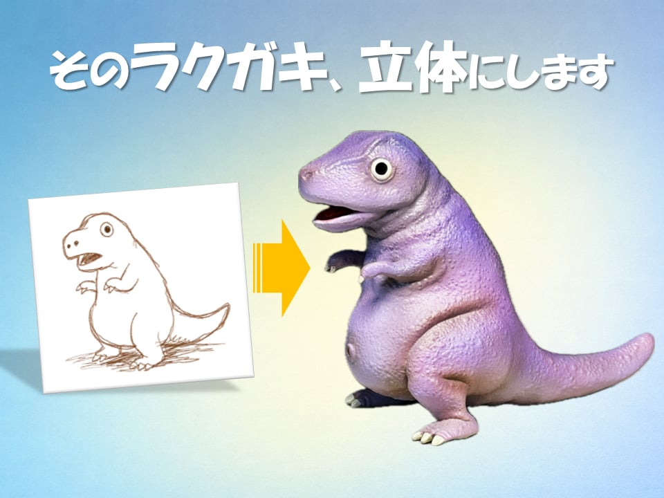 思い描いたイメージをそのまま立体化します ラクガキ、イラスト、写真から立体化します。 イメージ1